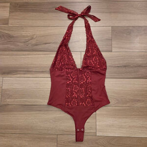 UNCOOYEE Red Lace Halter Bodysuit Size Large